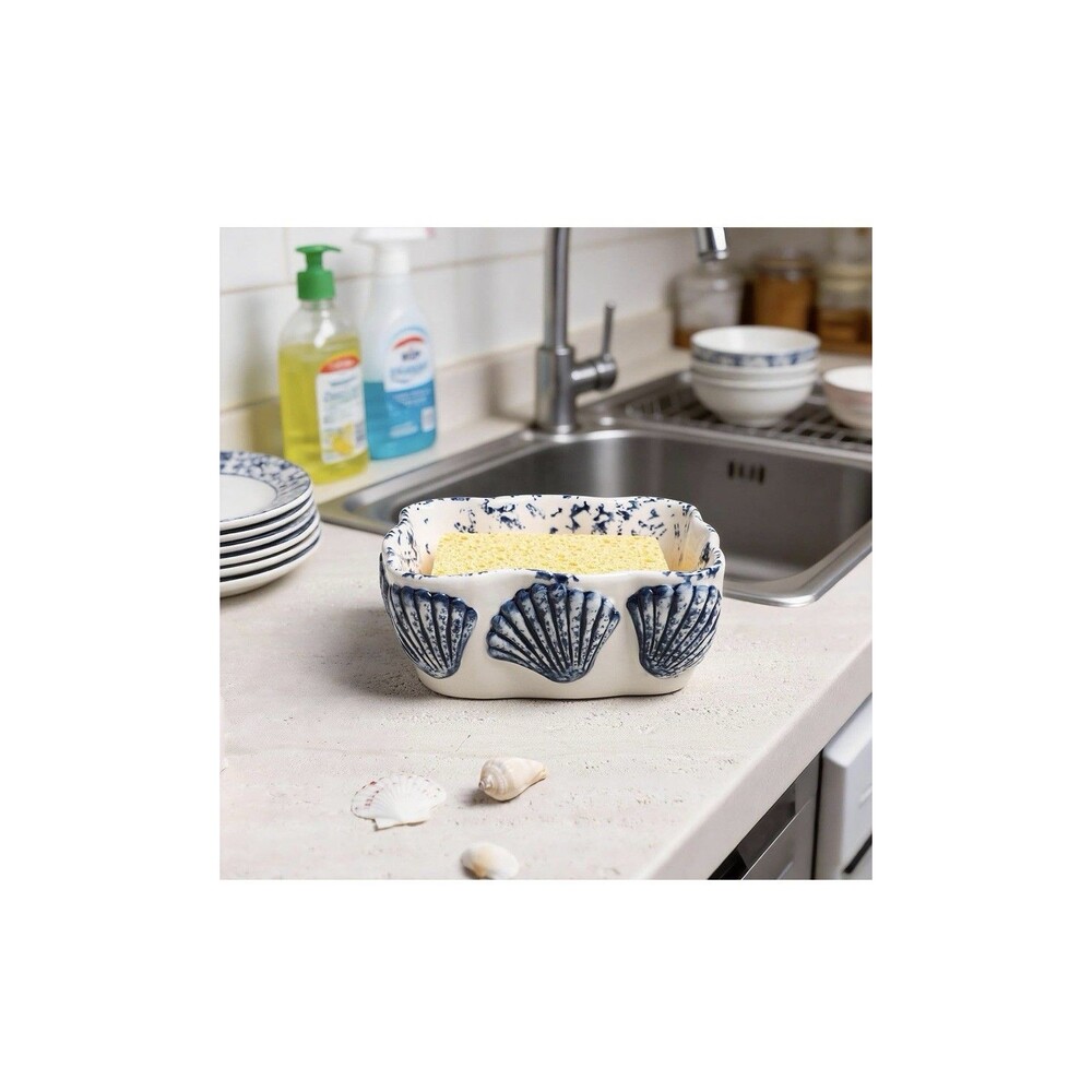 Ceramic Blue Shell Sponge Holder Kitchen Sink Caddy Dish Sponge Organizer New - Picture 2 of 7